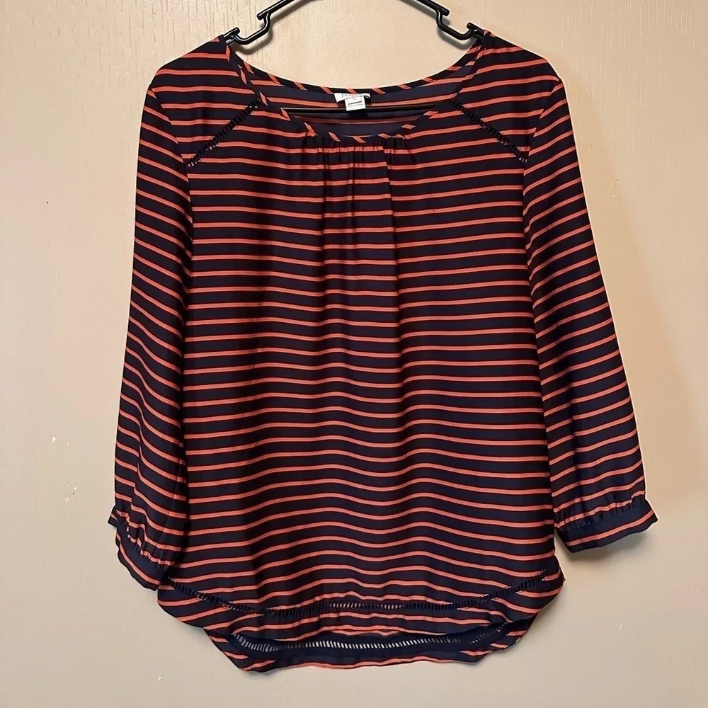 J. Crew Small Navy Orange Stripped Embellished Hem Blouse Preppy Nautical